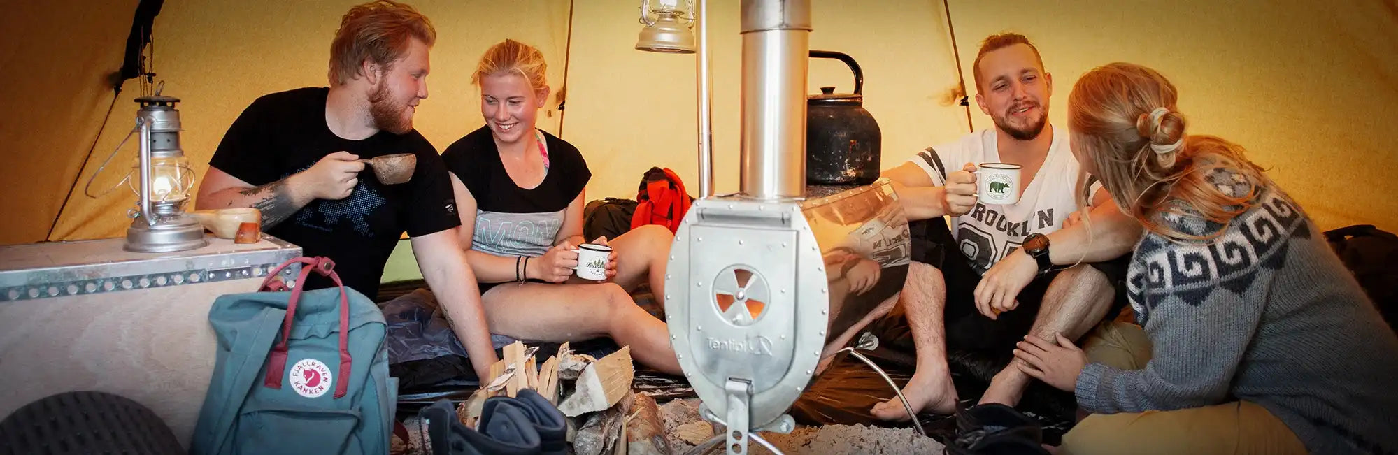 stove in tent for heat and cooking