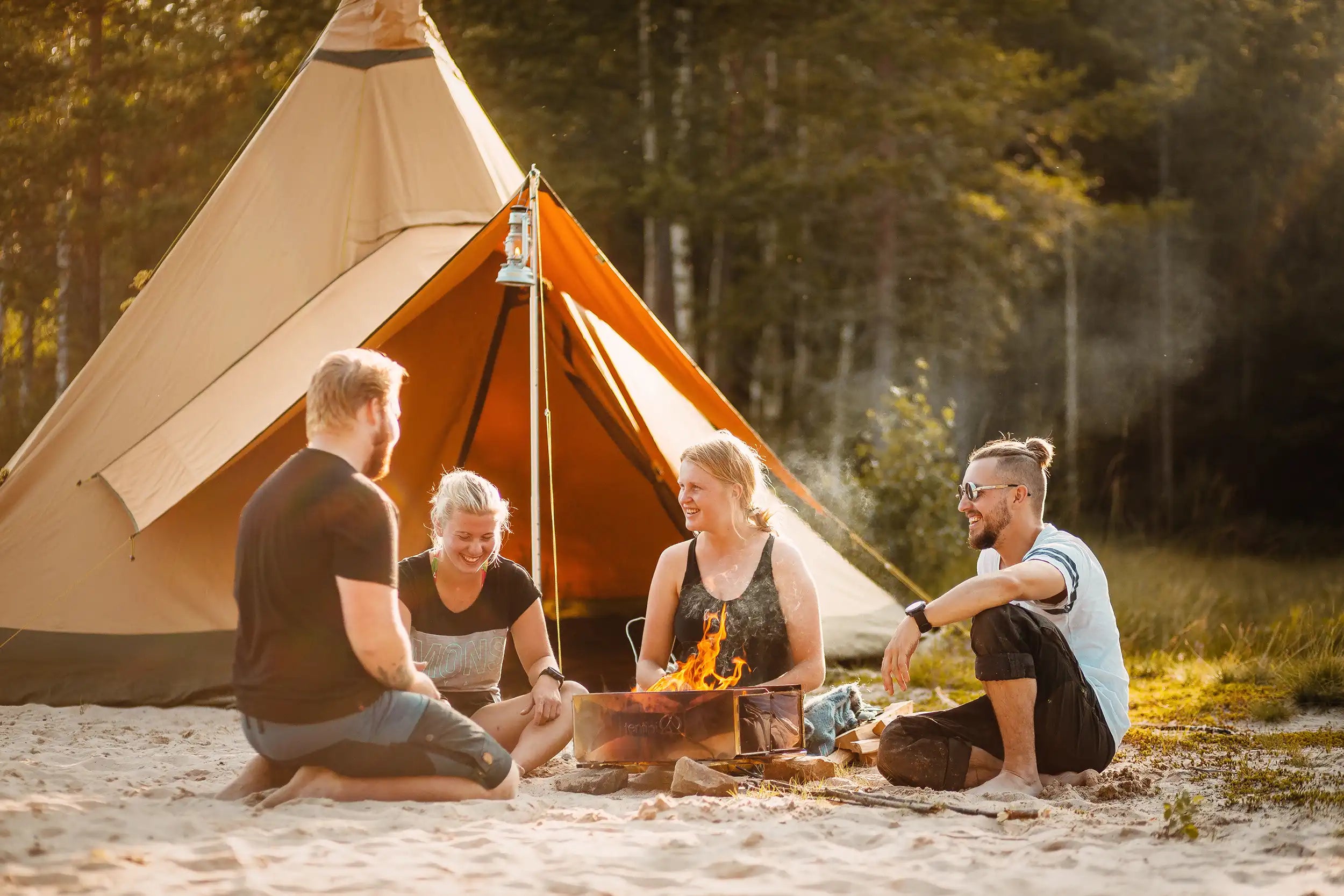 Camping on the beach with friends, canvas large tent for all year use