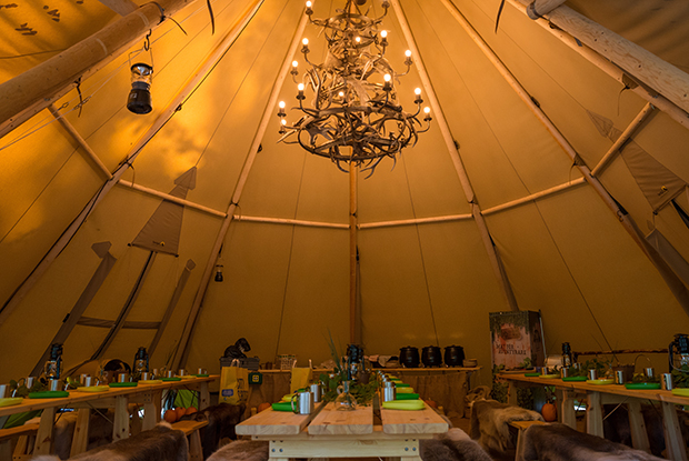 dining and coference area at Camp Oak Skånes Djurpark arranged in a large tent Stratus 72 Nordic tipi from Tentipi